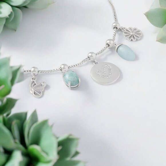 Brilliance Fine Silver Amazonite & Crystal Quartz Adjustable Charm Bracelet –10" - Picture 2 of 11